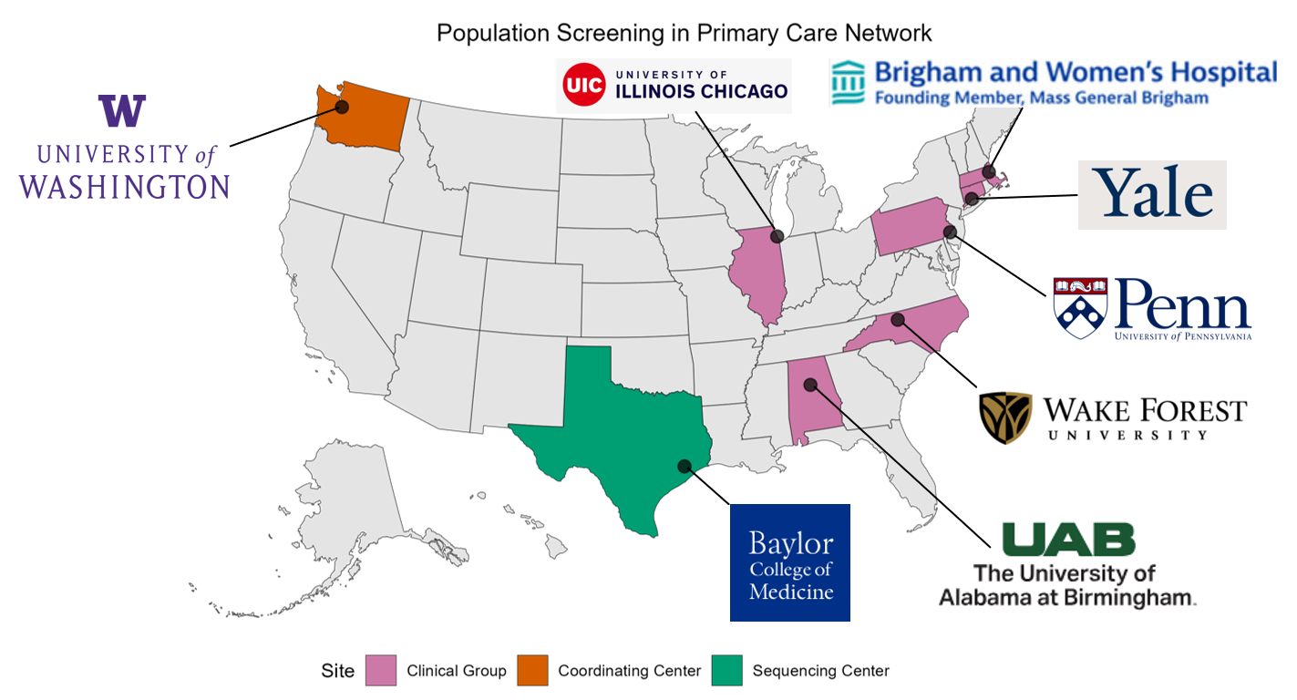 Map of the United States highlighting the states that contain PGSN Clinical Groups or Centers