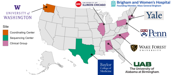 Map of the United States highlighting the states that contain PGSN Clinical Groups or Centers